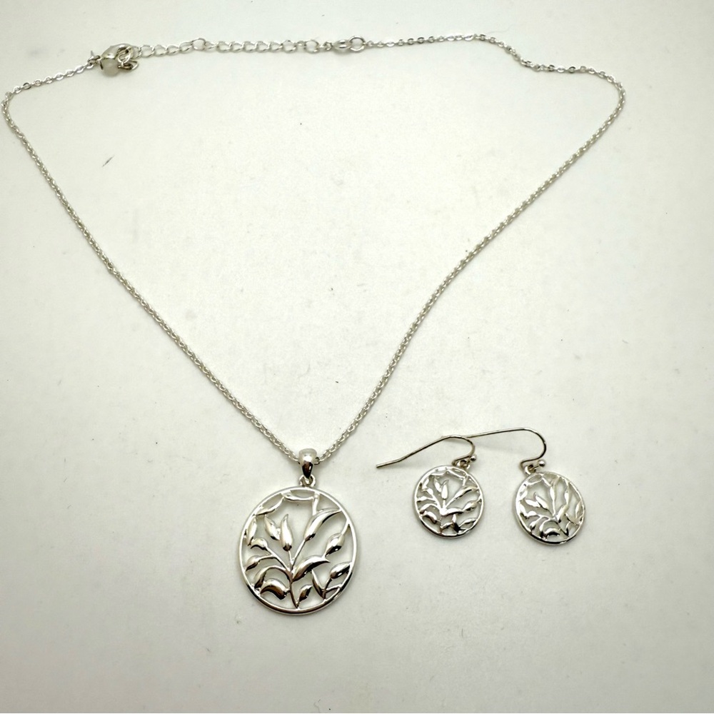 Silver Tone Cutout Botanical Necklace and Earrings Set Signed